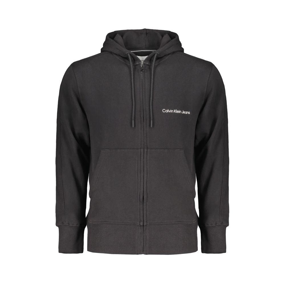 Black Cotton Men Sweater with Hood and Central Pockets